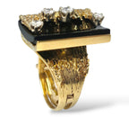 18K Yellow Gold Ring with Diamonds, Black Stone and Pressure-Relief Mechanism