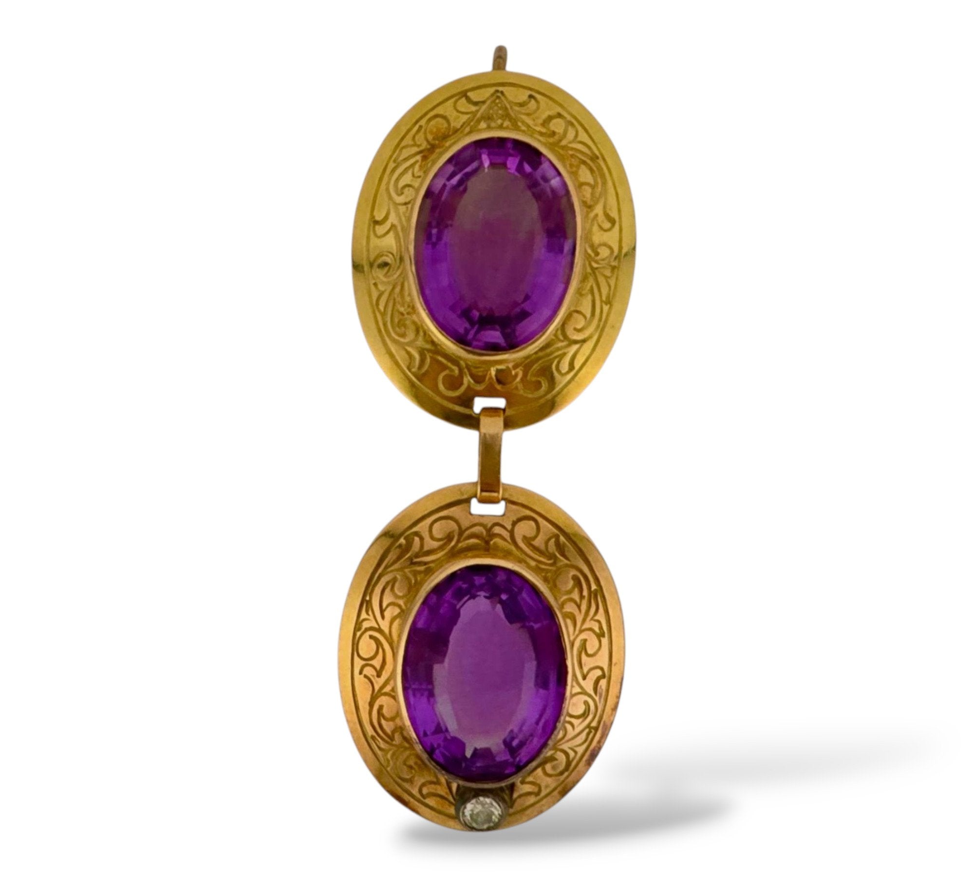 14K Gold Antique Diamond and Regal Amethyst Oval Earrings