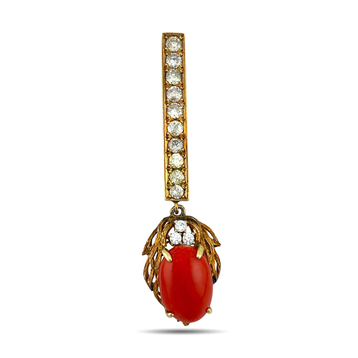 Rose gold drop pendant with a red coral cabochon, diamond-set bar and leaf-like setting