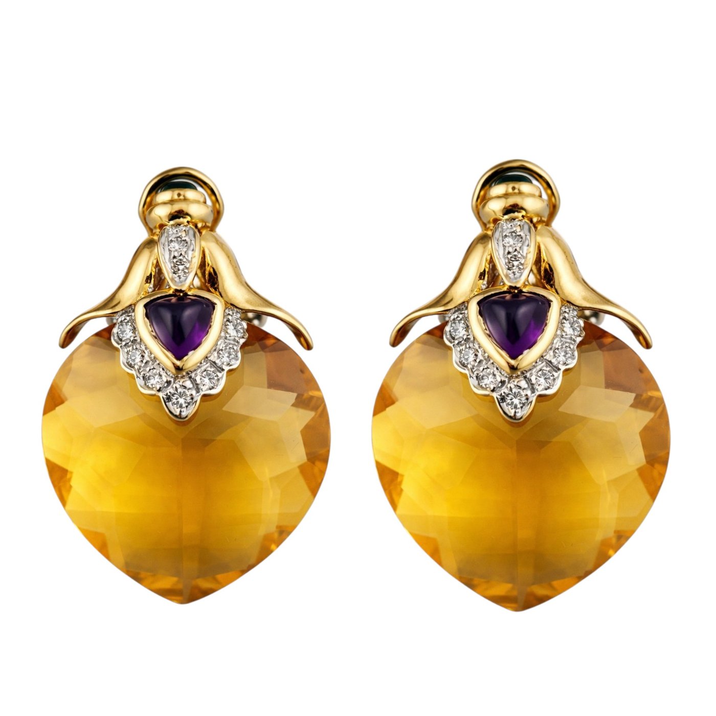 18K Yellow Gold 45ct Citrine, 0.2ct Diamond, Emerald, Amethyst Earrings