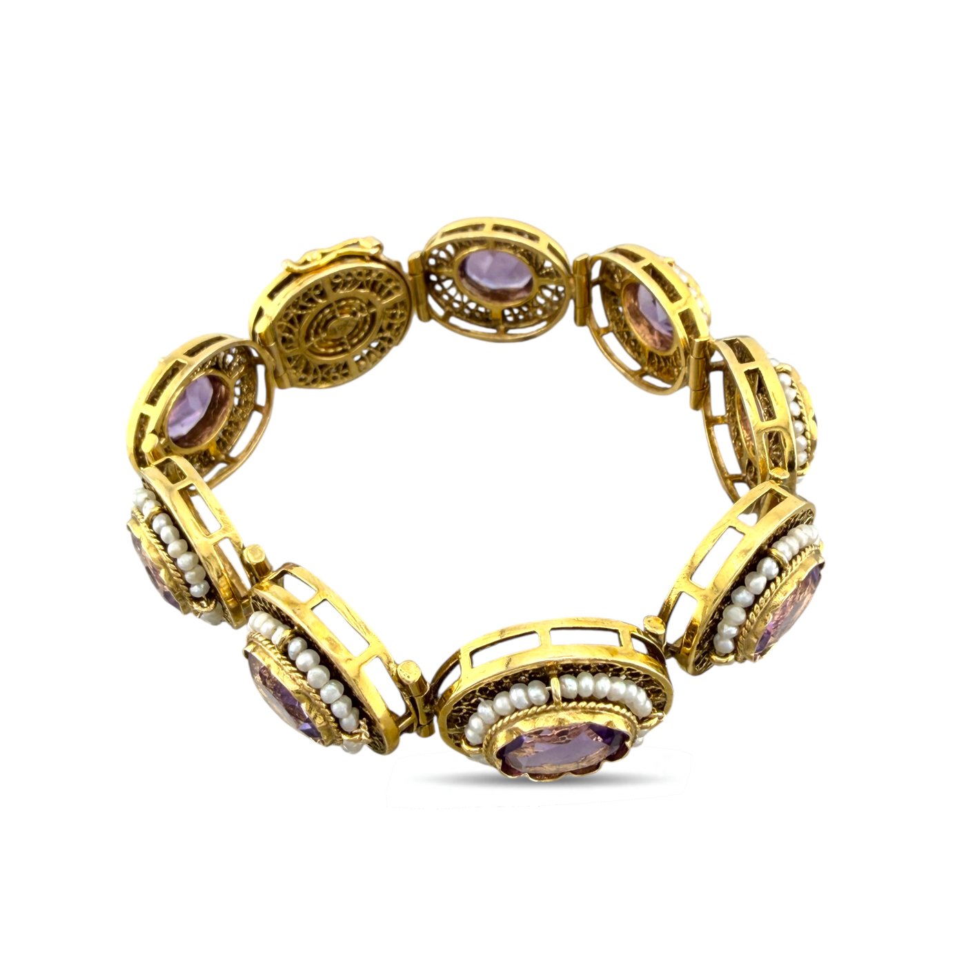 Antique 14K Yellow Gold Amethyst and Pearl Link Bracelet