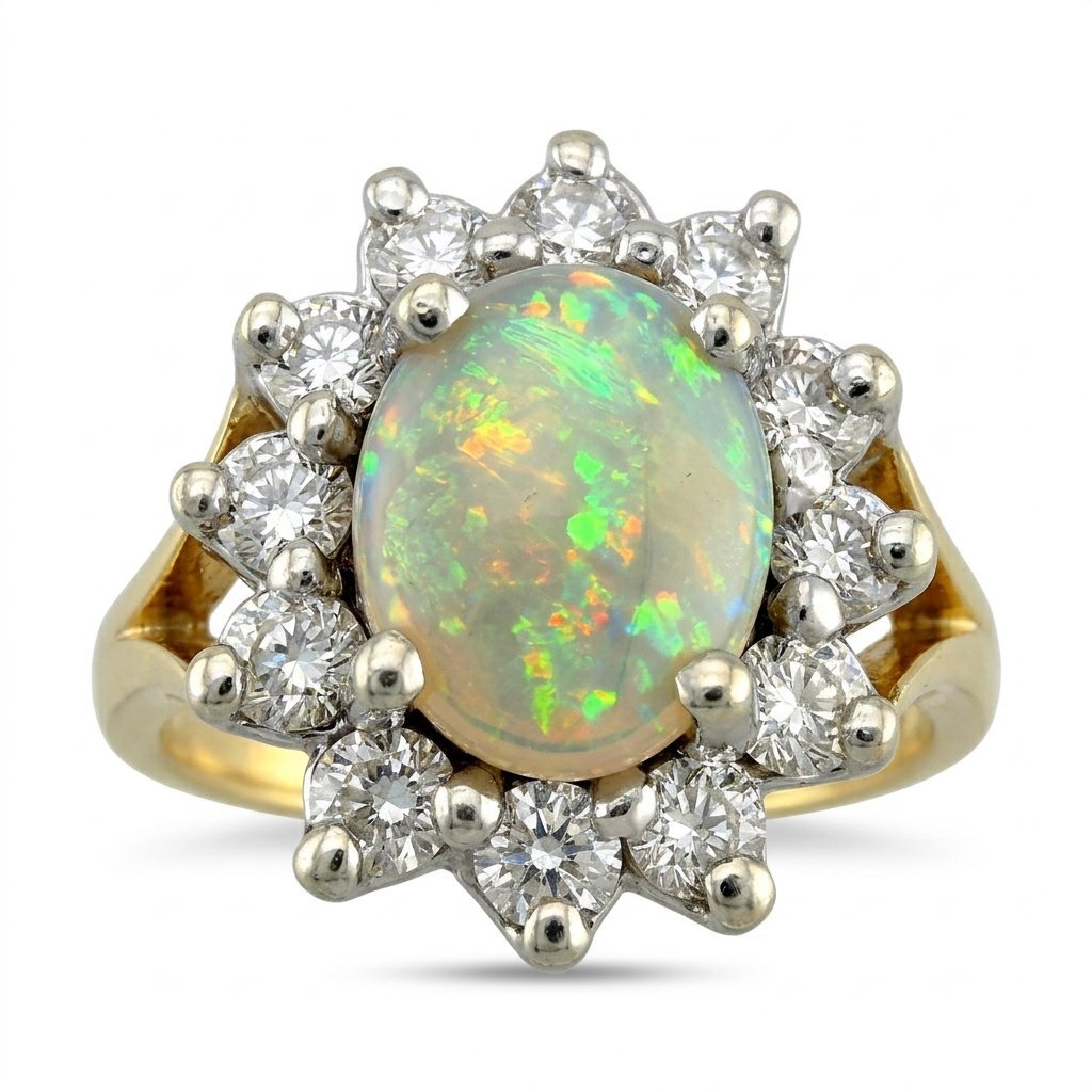 14K Yellow Gold Opal and 0.72ct Diamond Ring