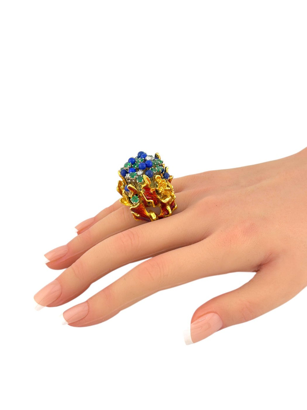 18K Yellow Gold Diamond Emerald Sapphire and Red Enamel Statement Ring