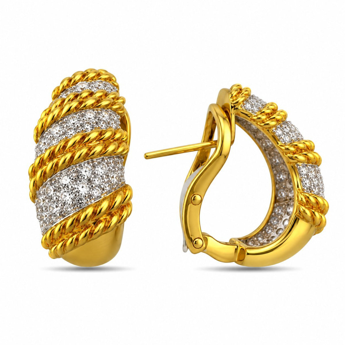 Side view of diamond-set gold earrings showing the hinged clasp and curved setting