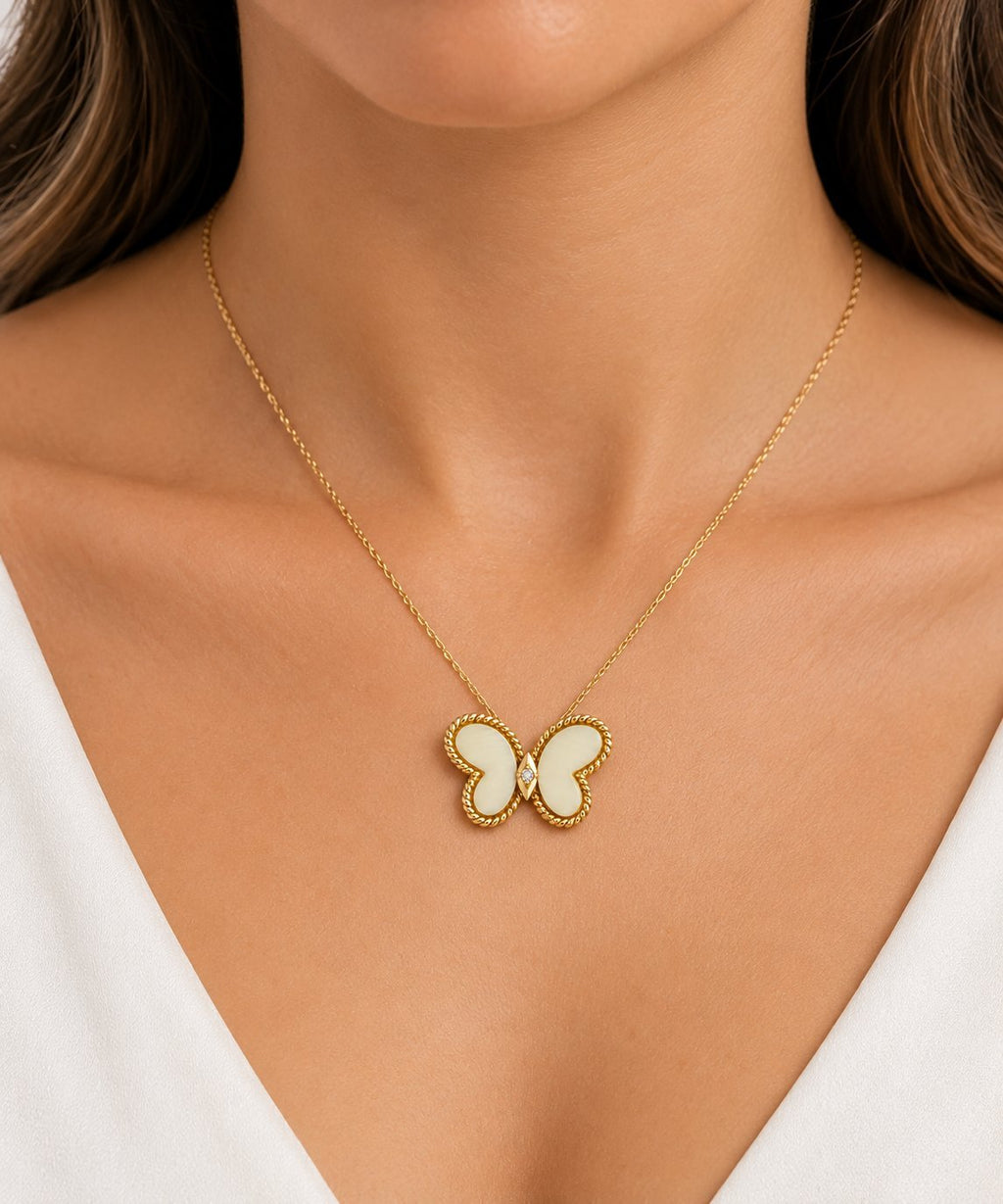 14K Yellow Gold Diamond and White Coral Butterfly Pendant