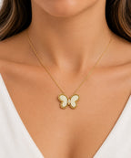 14K Yellow Gold Diamond and White Coral Butterfly Pendant