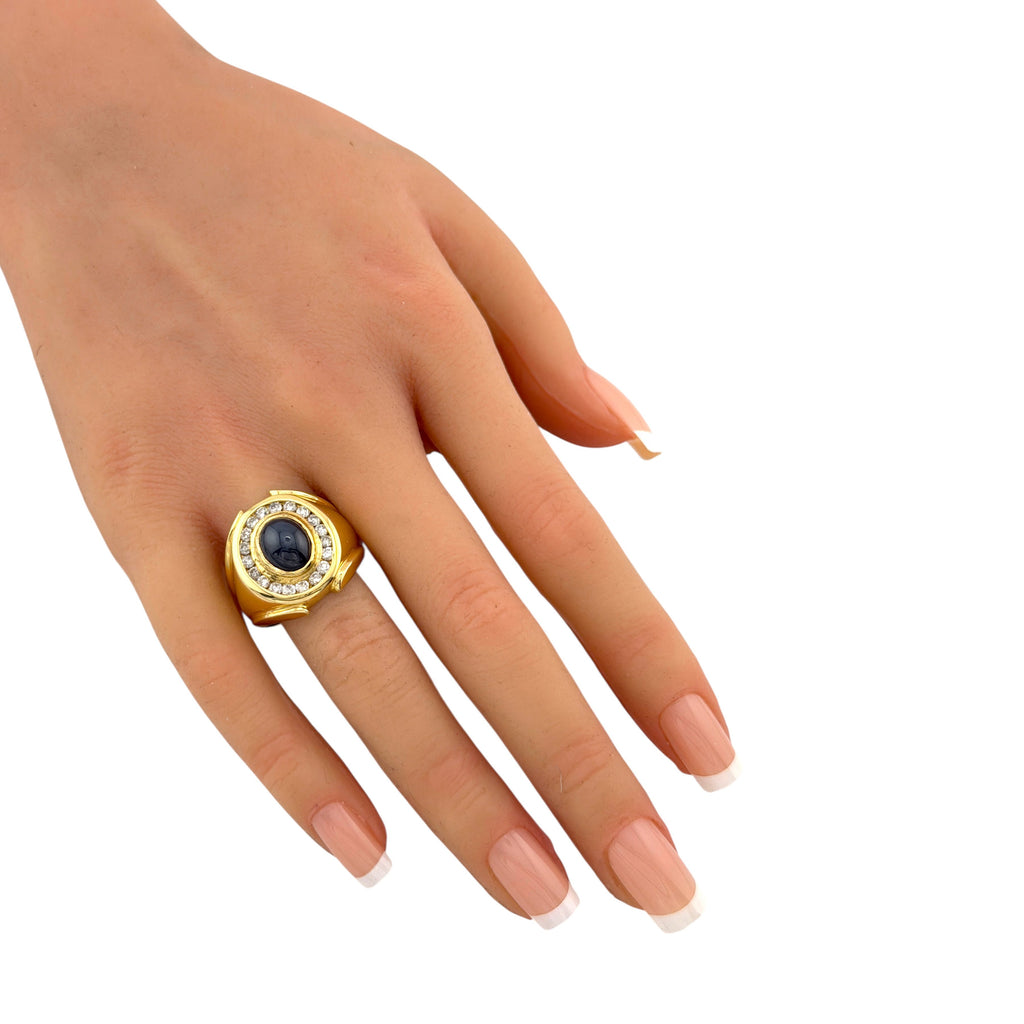 14K Yellow Gold 4.5ct Natural Star Sapphire and 0.57ct Diamond Ring