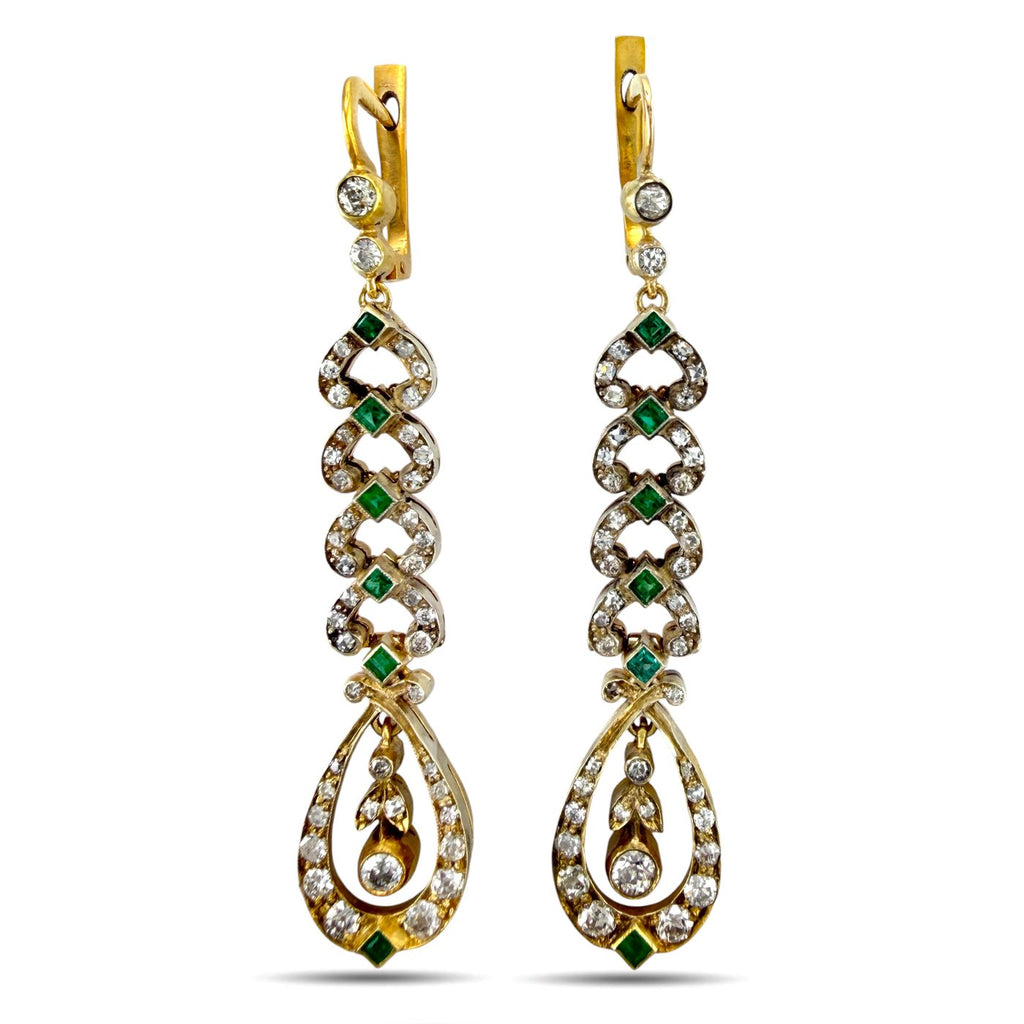 14K Rose and Yellow Gold Imperial Russian Emerald and Diamond Dangle Earrings