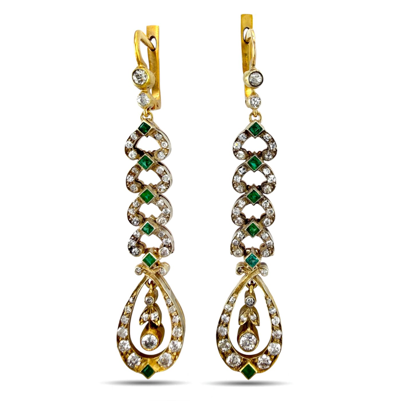 14K Rose and Yellow Gold Imperial Russian Emerald and Diamond Dangle Earrings