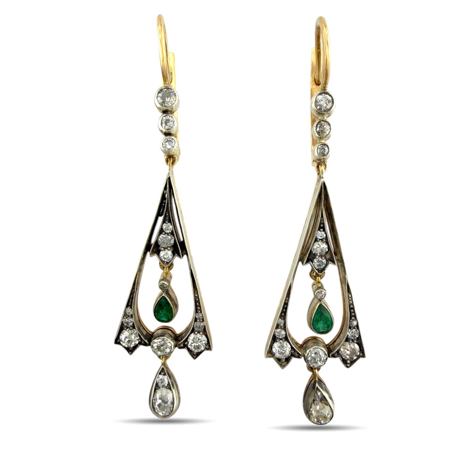 Imperial Russian Jewelled 56K Rose Gold 2.14ct Diamond and Emerald Earrings