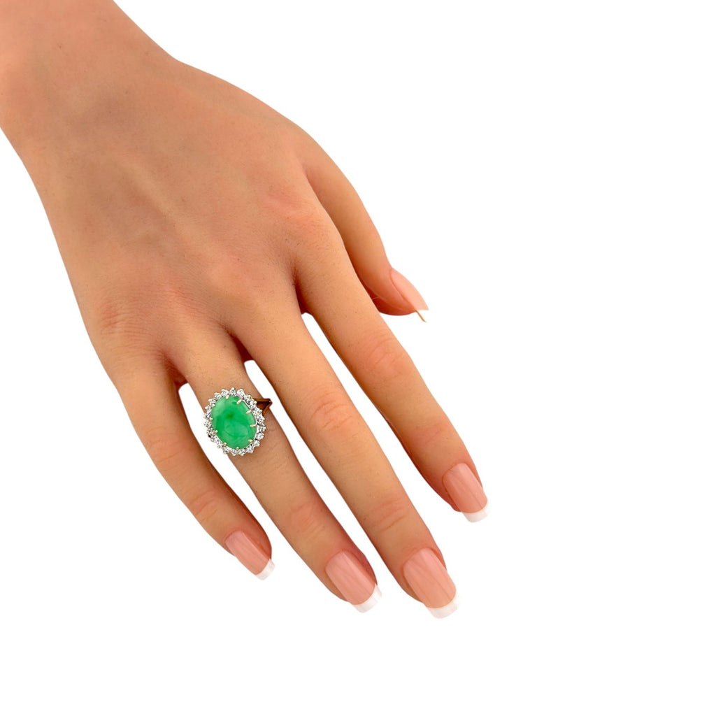 14K Yellow Gold 5.25ct Jade and 0.55ct Diamond Halo Ring