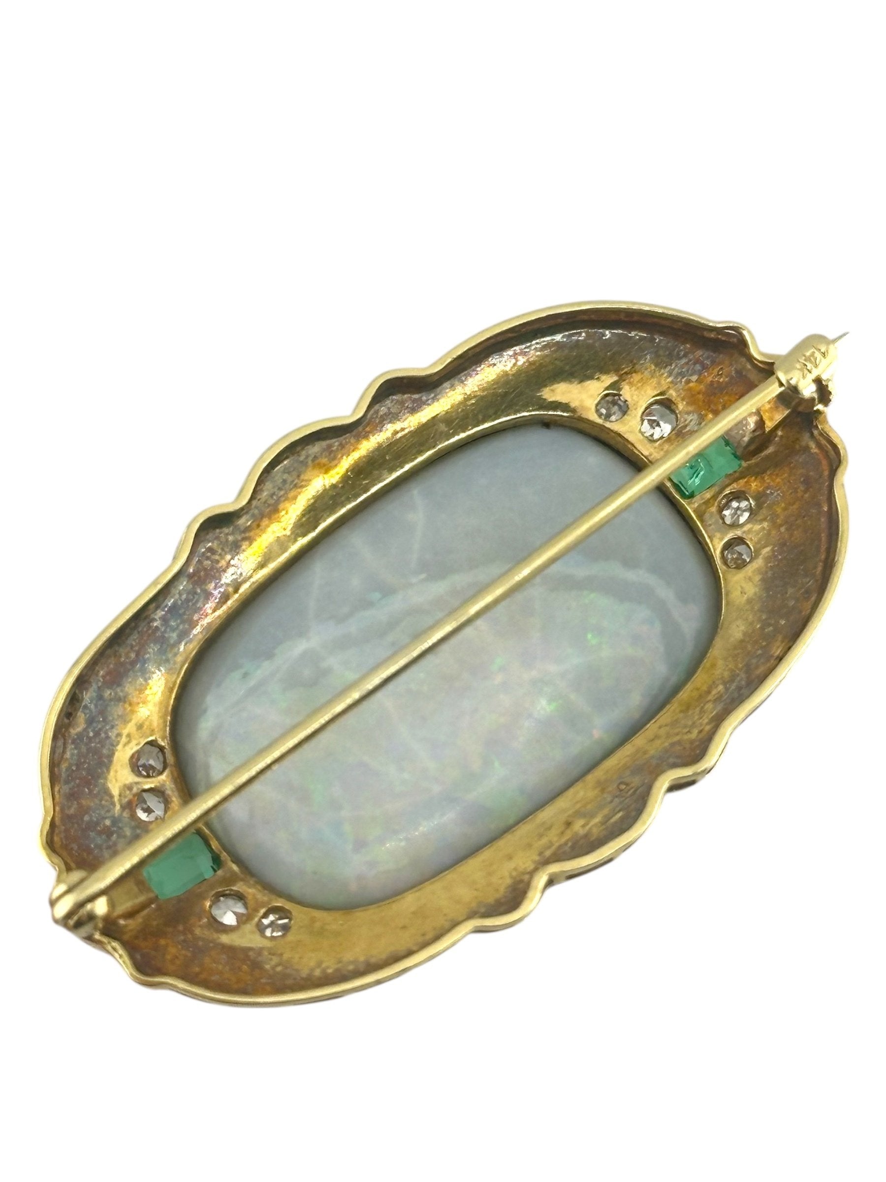 Antique 14K Yellow Gold Large Black Opal Brooch with Diamonds and Emeralds