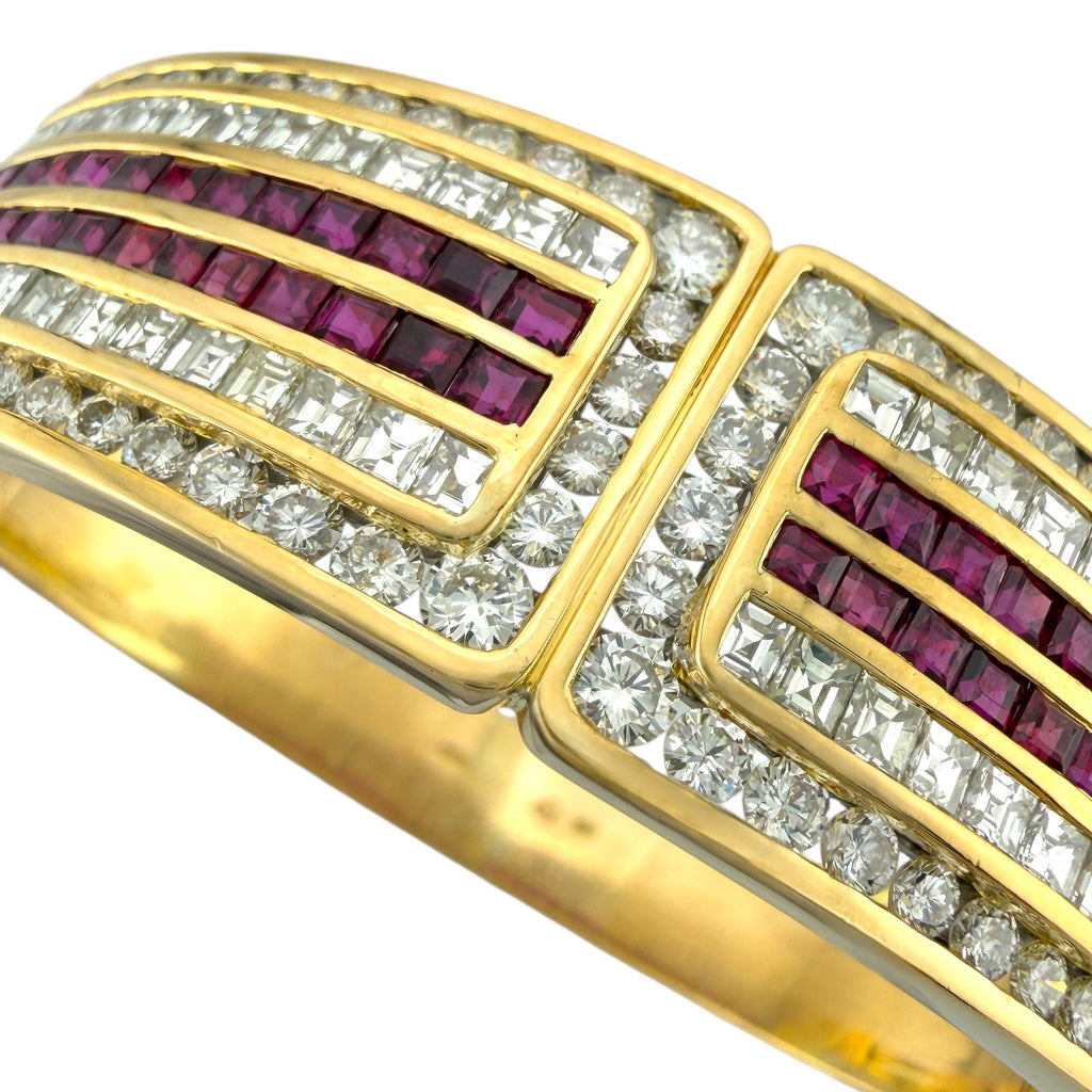 18K Yellow Gold 5.2ct Ruby and 7.02ct Diamond Hinged Bracelet
