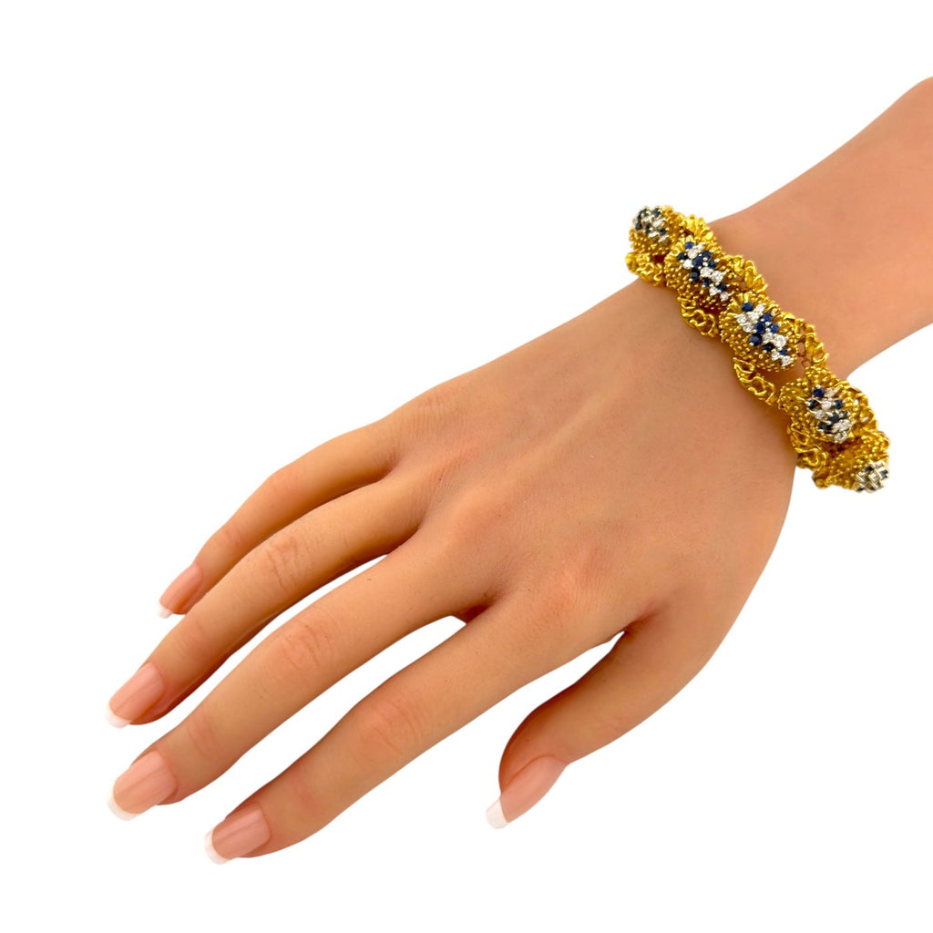 18K Yellow Gold Woven Textured 4.5ct Diamond and 3ct Sapphire Bracelet