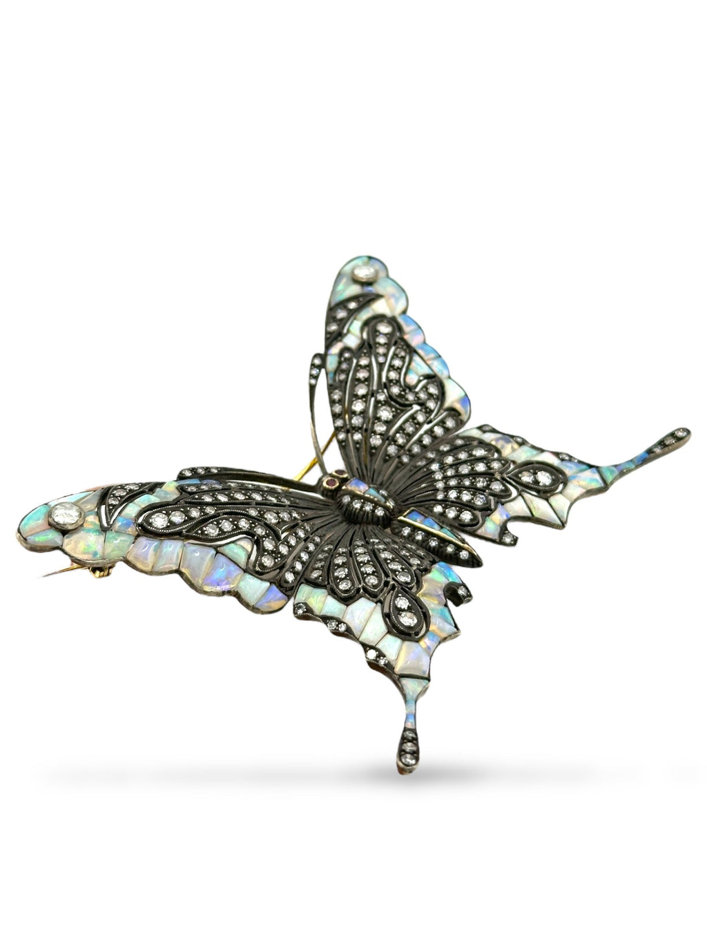 18K Yellow Gold Large Butterfly Brooch with Diamonds, Opals and Ruby Eyes Signed Art Deco