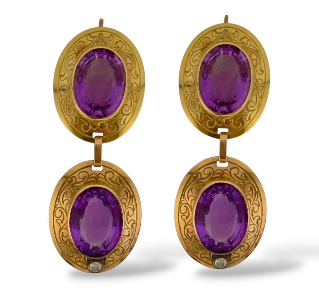 14K Gold Antique Diamond and Regal Amethyst Oval Earrings