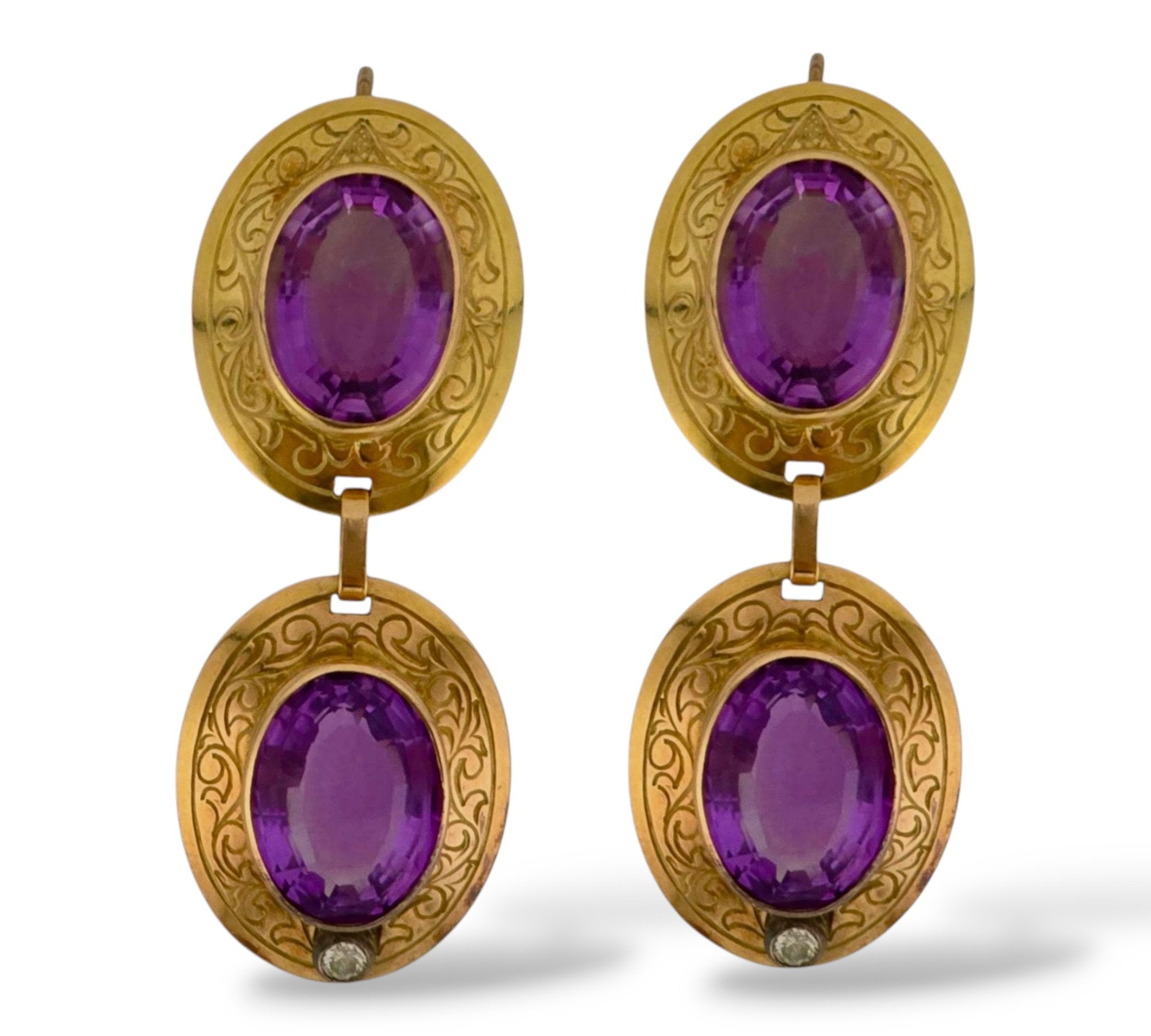 14K Gold Antique Diamond and Regal Amethyst Oval Earrings