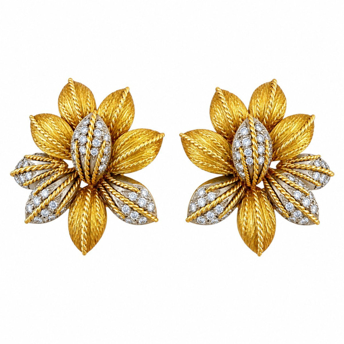 Textured yellow gold flower earrings with diamond-set petals and center