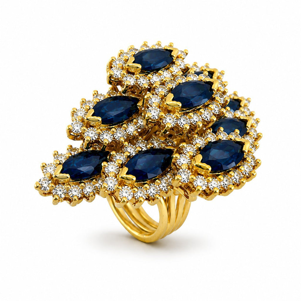 18K yellow gold sapphire and diamond cocktail ring with clustered marquise stones