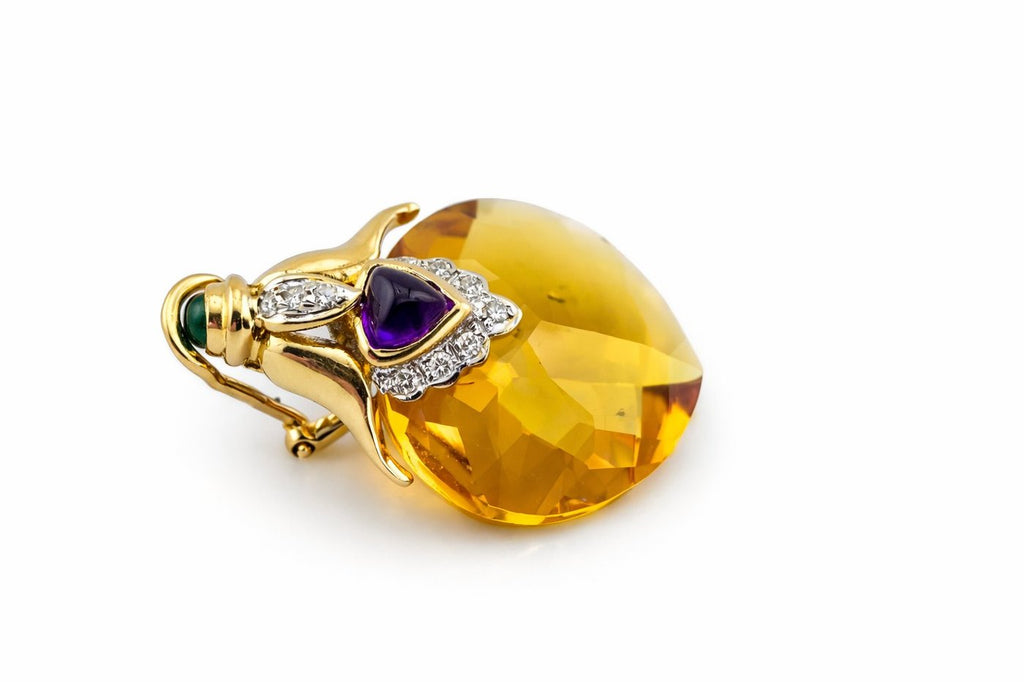 18K Yellow Gold 45ct Citrine, 0.2ct Diamond, Emerald, Amethyst Earrings