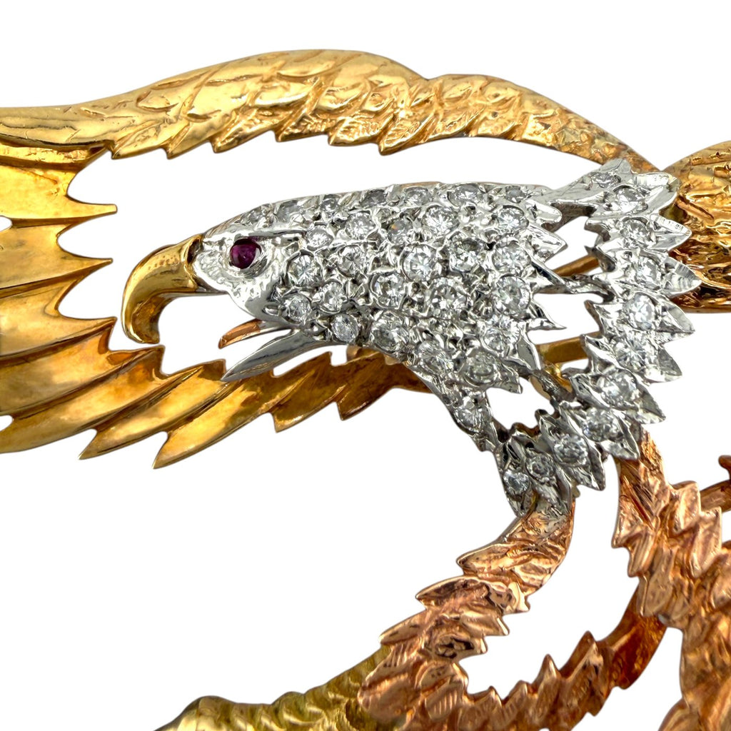 14K Tri-Color Gold 1.0ct Diamond Eagle Silhouette Large Brooch