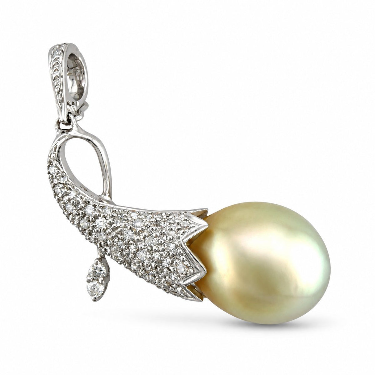 White gold diamond-accented Viking horn brooch with a large pearl drop