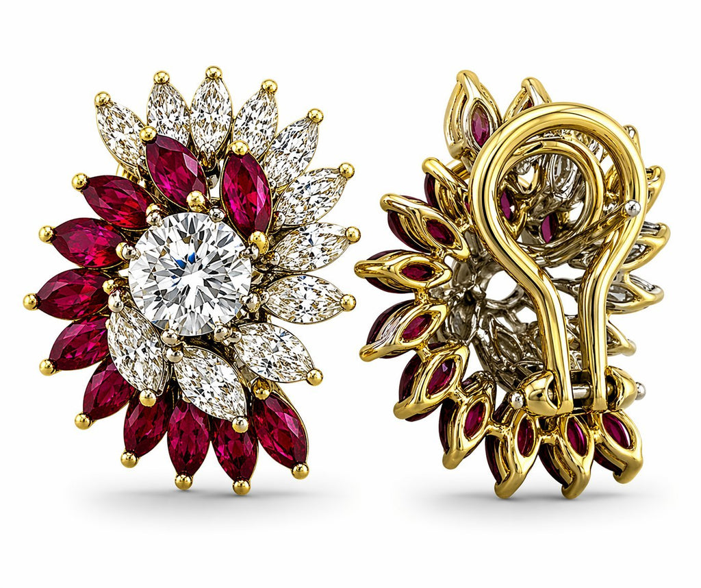 18K White and Yellow Gold 3.2ct Diamond and 1.8ct Ruby Earrings