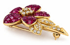 18K Yellow Gold 4.75ct Invisible Set Ruby & 0.45ct Diamond Flower Brooch