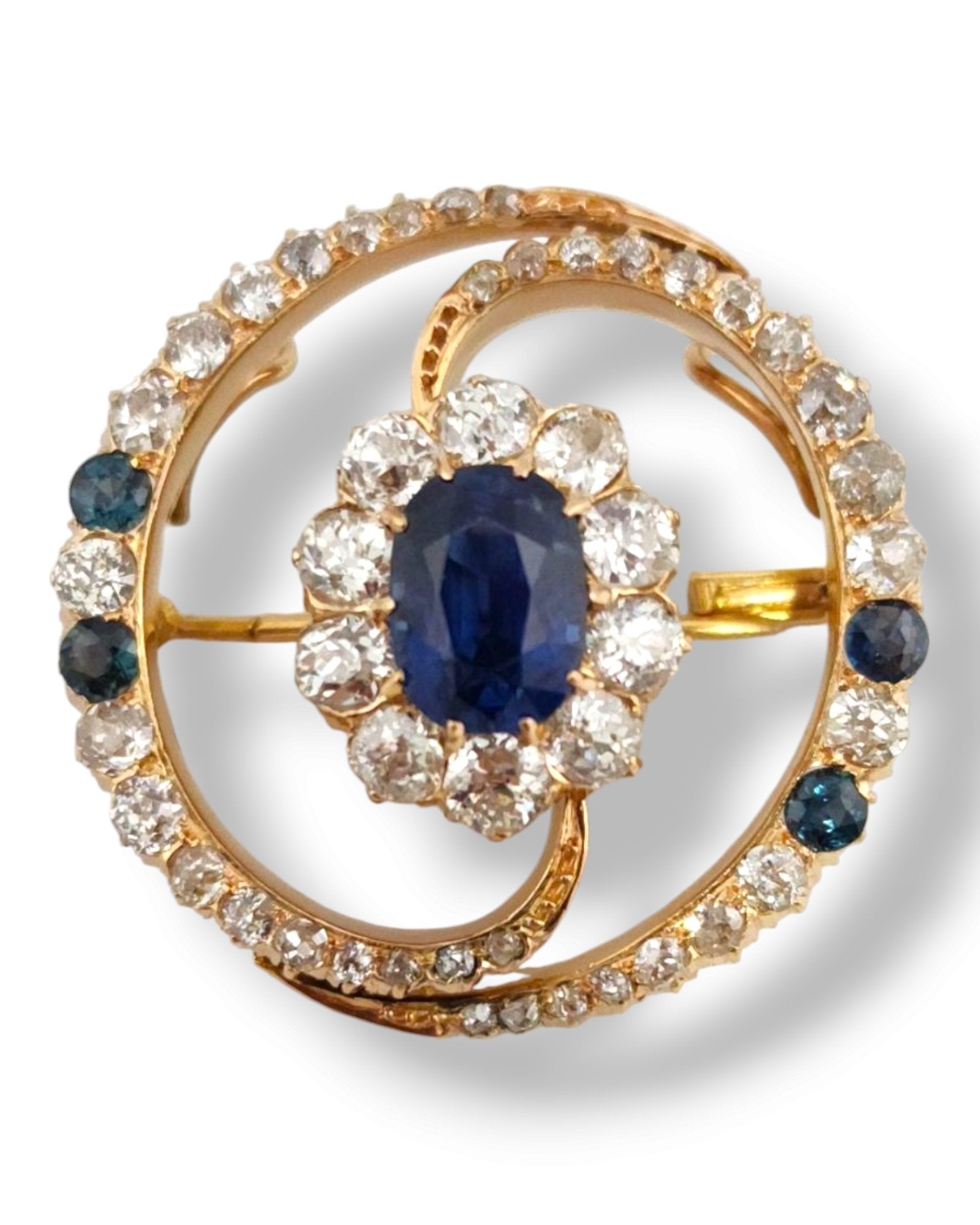 Brooch - 14 kt. Yellow gold, An Antique Sapphire and Diamond Pin Brooch 1.68Ct  Diamond (Natural)  - Sapphire