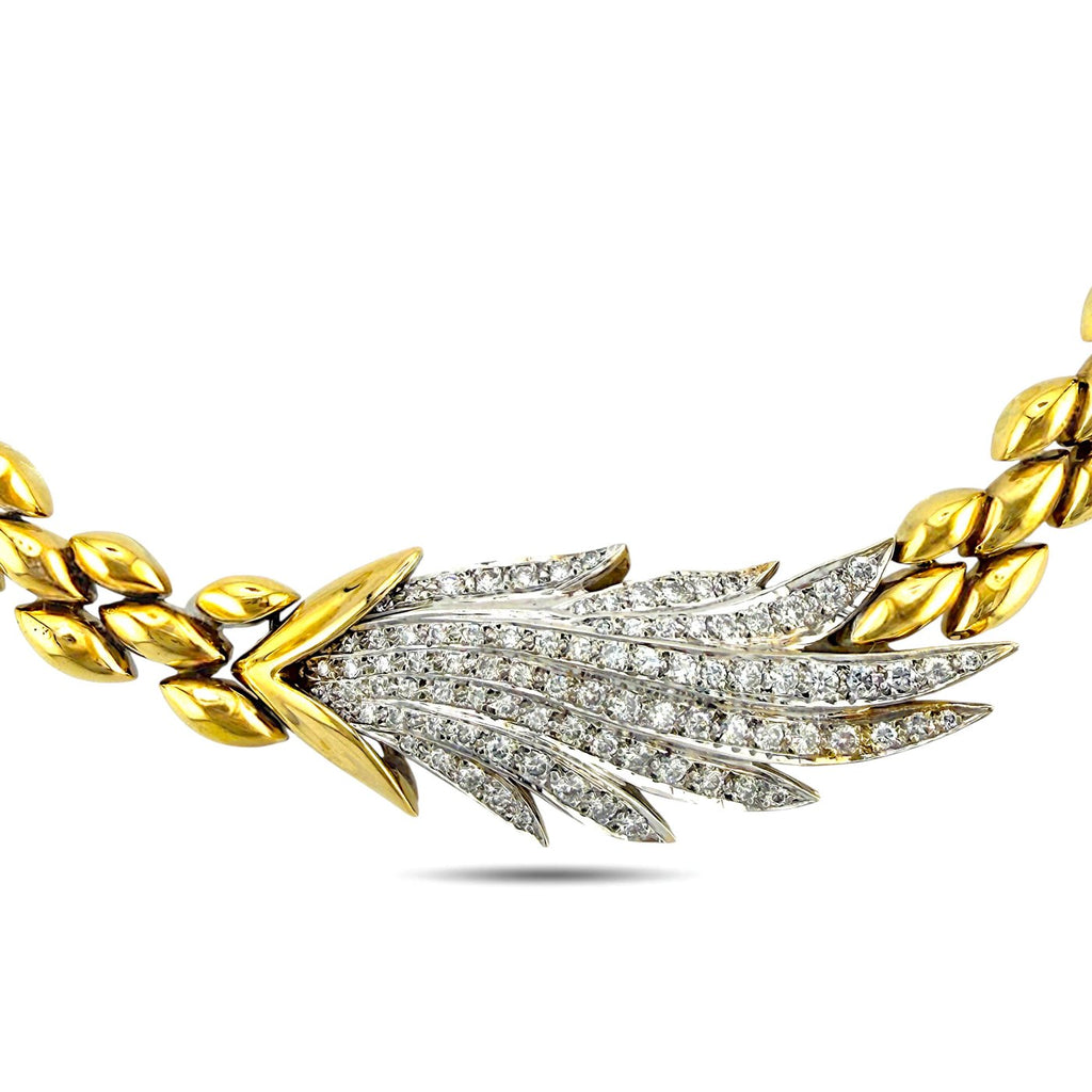 18K yellow gold diamond feather link necklace with flexible leaf-shaped links