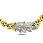 18K yellow gold diamond feather link necklace with flexible leaf-shaped links