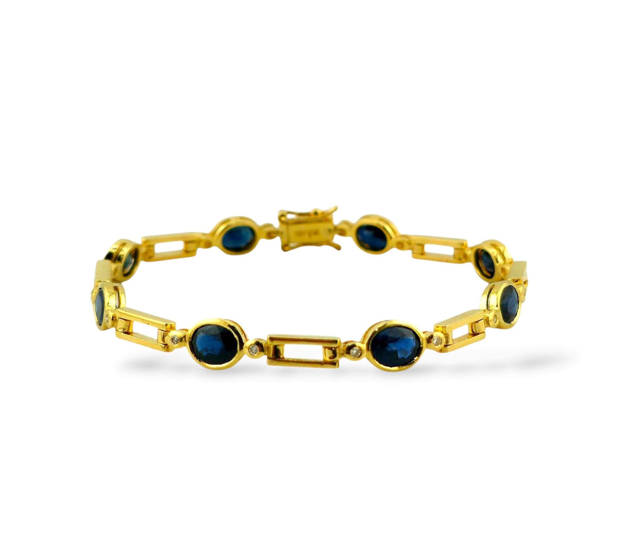 18 kt. Yellow gold,  18K Yellow Gold Bracelet with Oval Sapphires & Round Diamonds