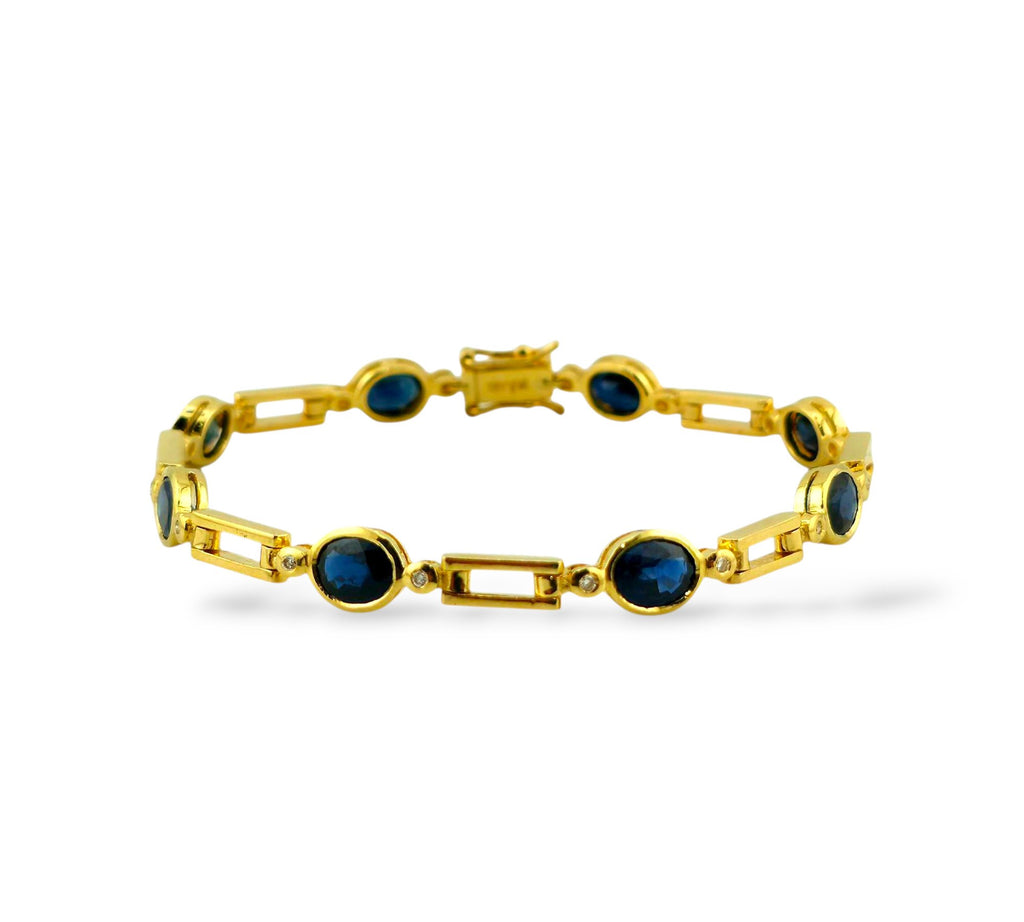 18K Yellow Gold Bracelet with Oval Sapphires and Round Diamonds