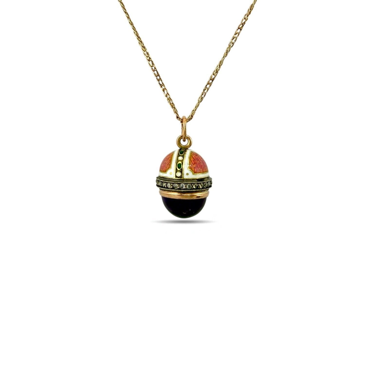 14 kt. Yellow gold, Imperial Russian Faberge Jewelled 56K Gold and Enamel Egg Pendant Henrik Wigström