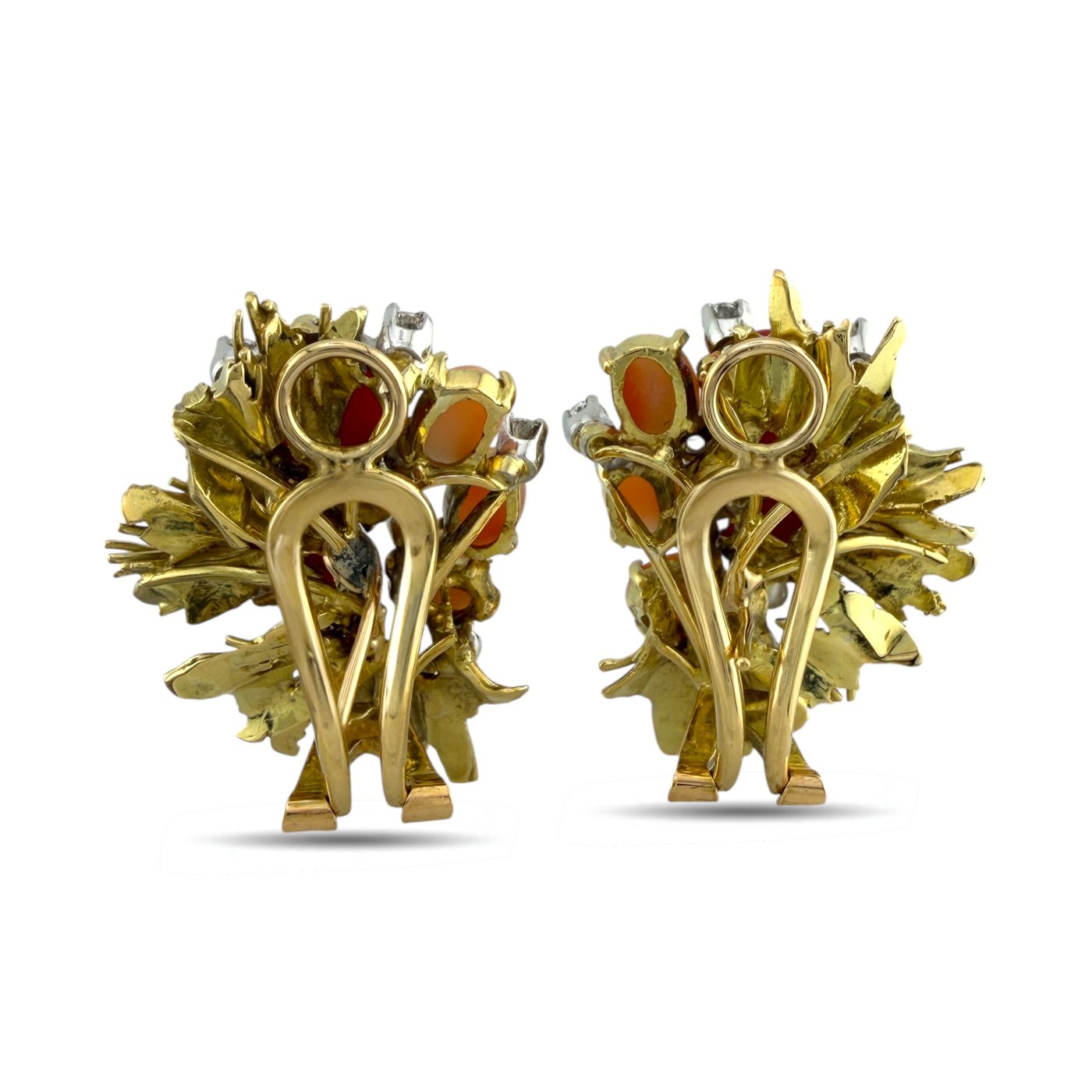 18K Yellow Gold Coral and 6.45ct Diamond Brooch and Earring Set