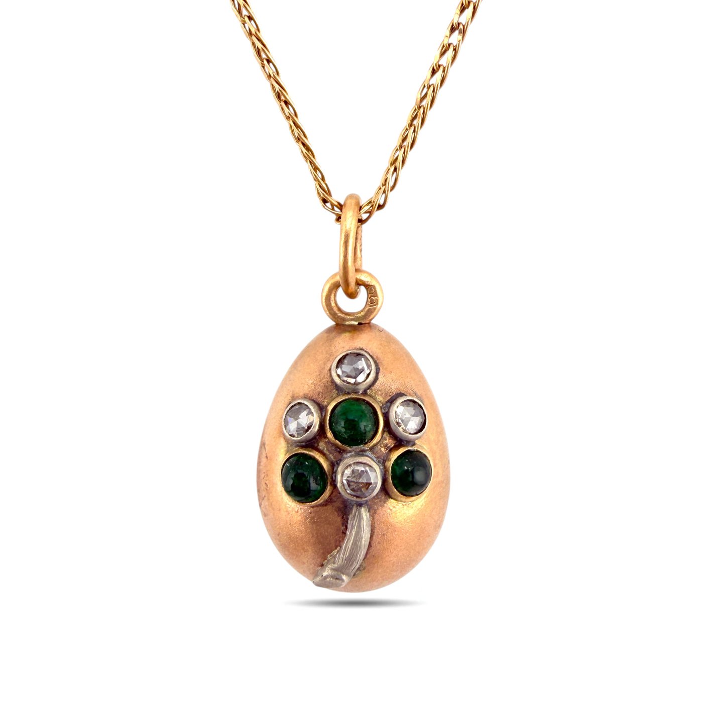 Imperial Russian Faberge 56 Rose Gold 0.16ct Diamond and Emerald Egg Pendant