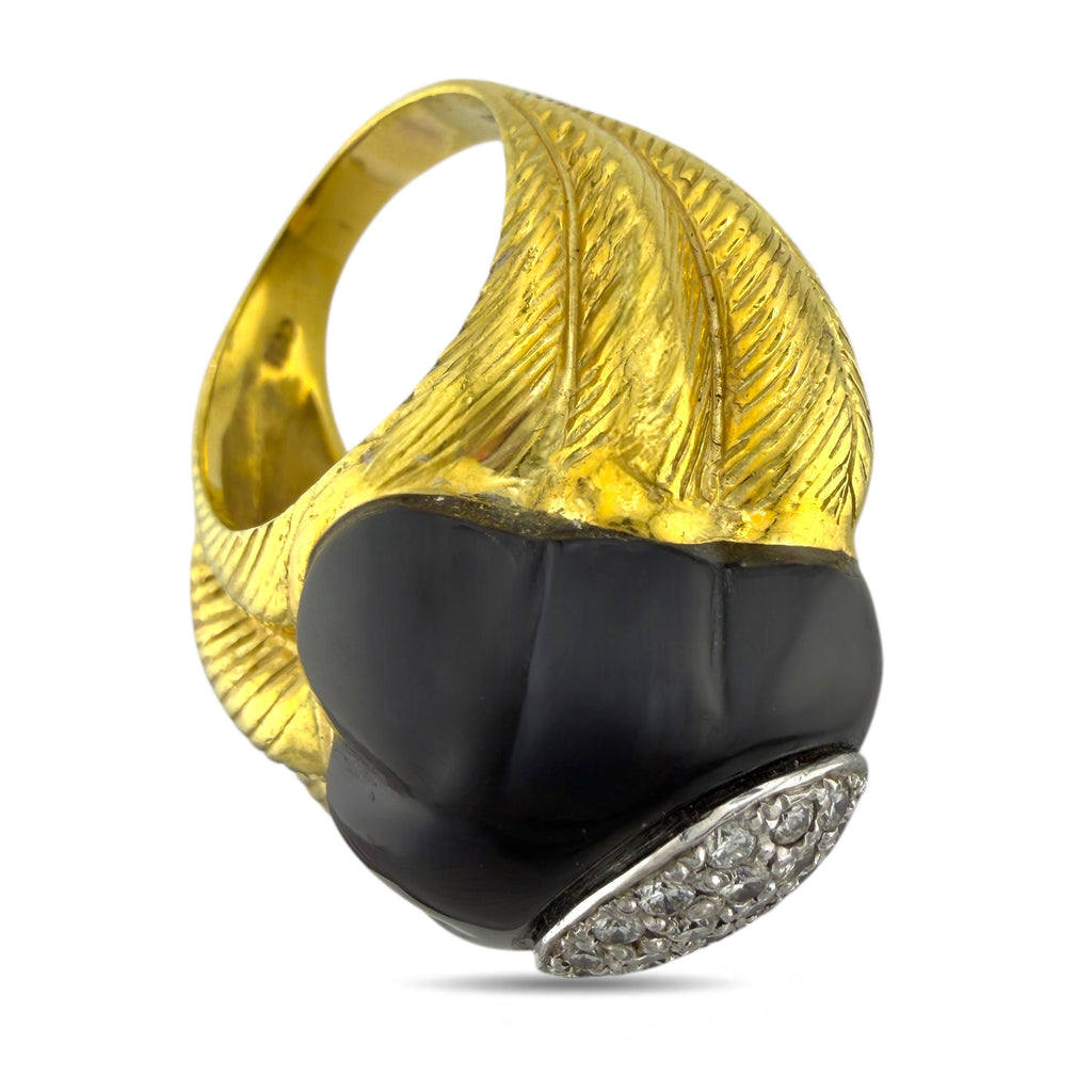 18K Yellow Gold Onyx and 0.46ct Diamond Cocktail Ring