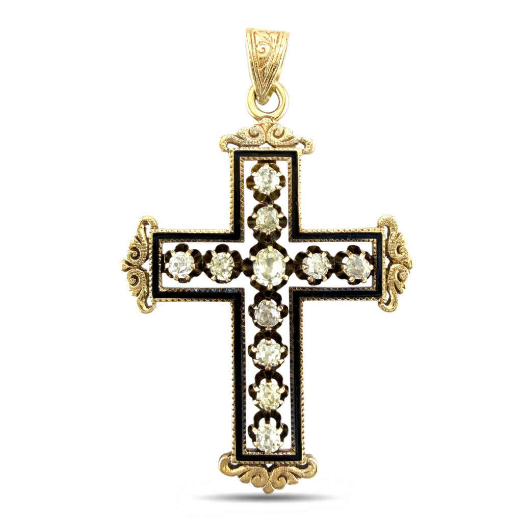 14K Yellow Gold Antique 1ct Diamond Cross Pendant