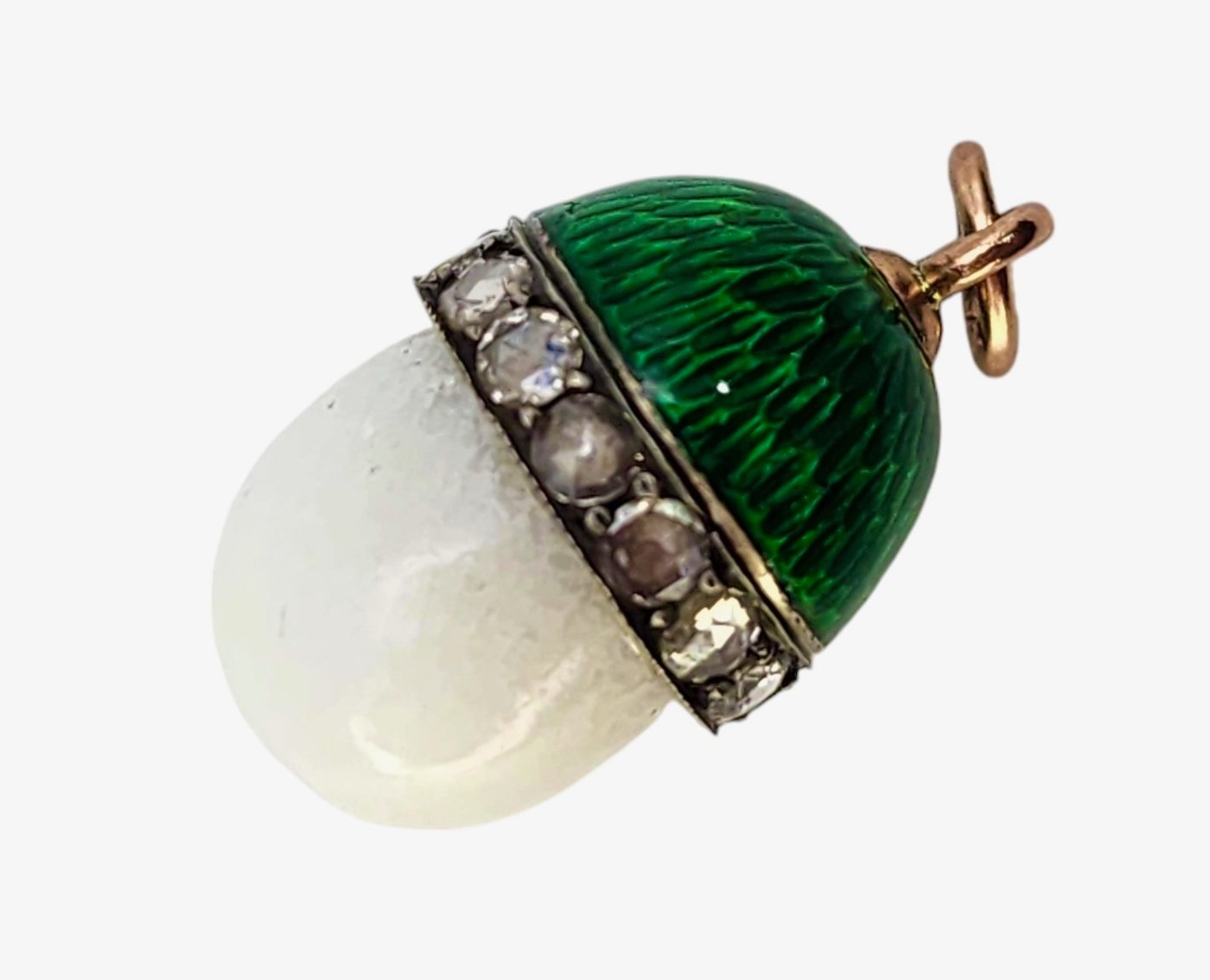 K. Faberge Imperial Russian 56k Gold Diamond and Green Enamel Egg Pendant