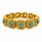 18K yellow gold turquoise bead bracelet with textured round links and blue flower accents