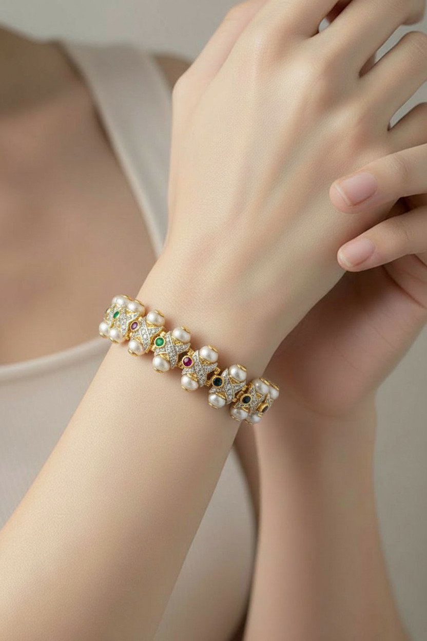 14K Yellow Gold Sapphire, Ruby, Emerald, Pearl and 1.03ct Diamond Bracelet
