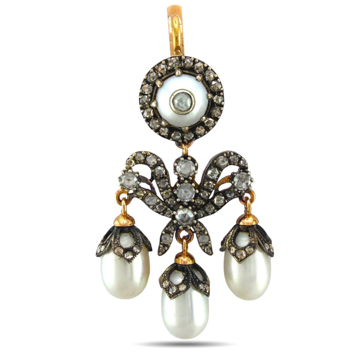 Faberge Imperial Russian Natural Pearl and 2ct Diamond Earrings