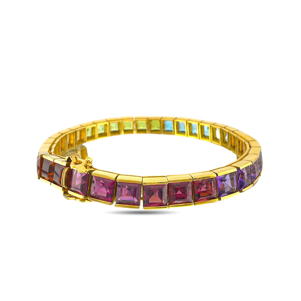 18K yellow gold rainbow gemstone bracelet with pink and purple stones and clasp