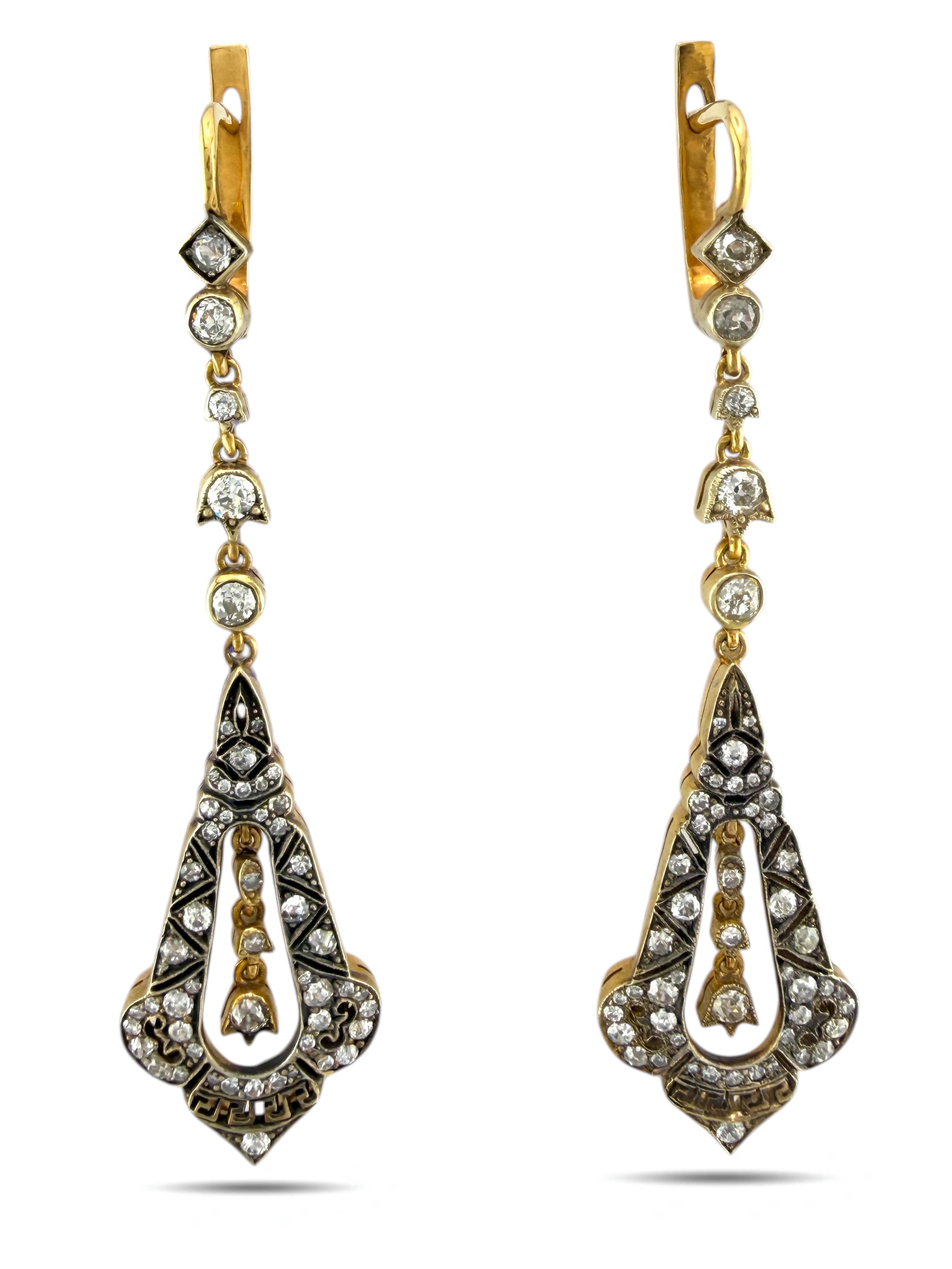 14 kt. Yellow gold, Antique  Russian 56k Gold & Diamond Enamel  Earrings 2.10 Carats Circa 1900s -  2.15ct. tw. Diamond