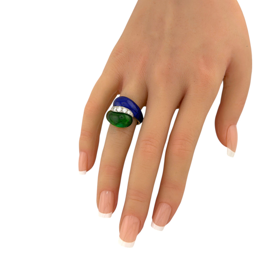 18K Yellow Gold 0.27ct Diamond, Blue, and Green Enamel Centerline Ring