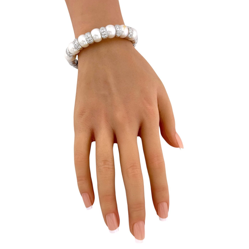 18K White Gold Italian 1.8ct Diamond and Natural Pearl Bracelet