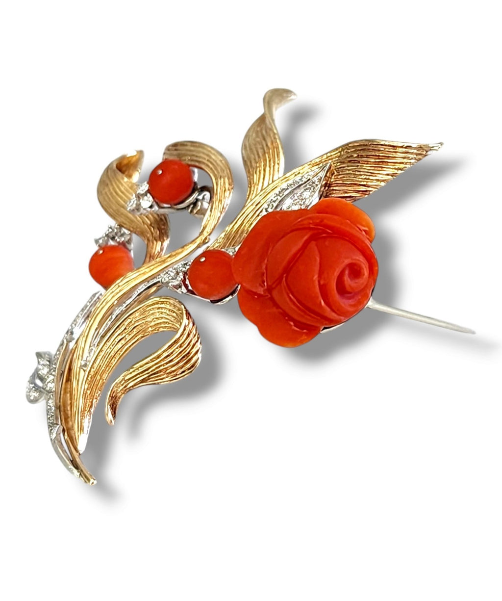Rare 14K Gold and Diamond Rose Flower Brooch