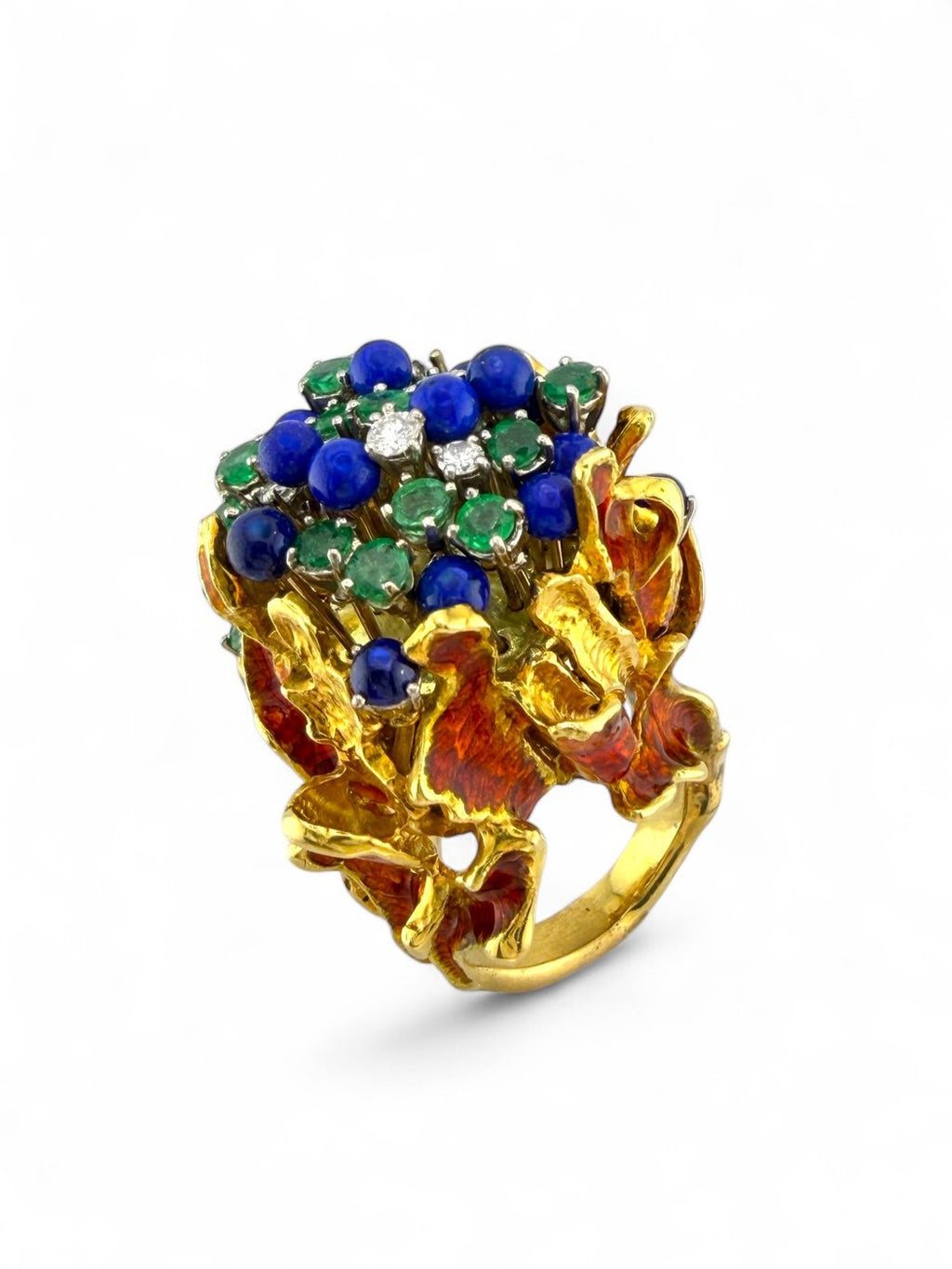 18K Yellow Gold Diamond Emerald Sapphire and Red Enamel Statement Ring
