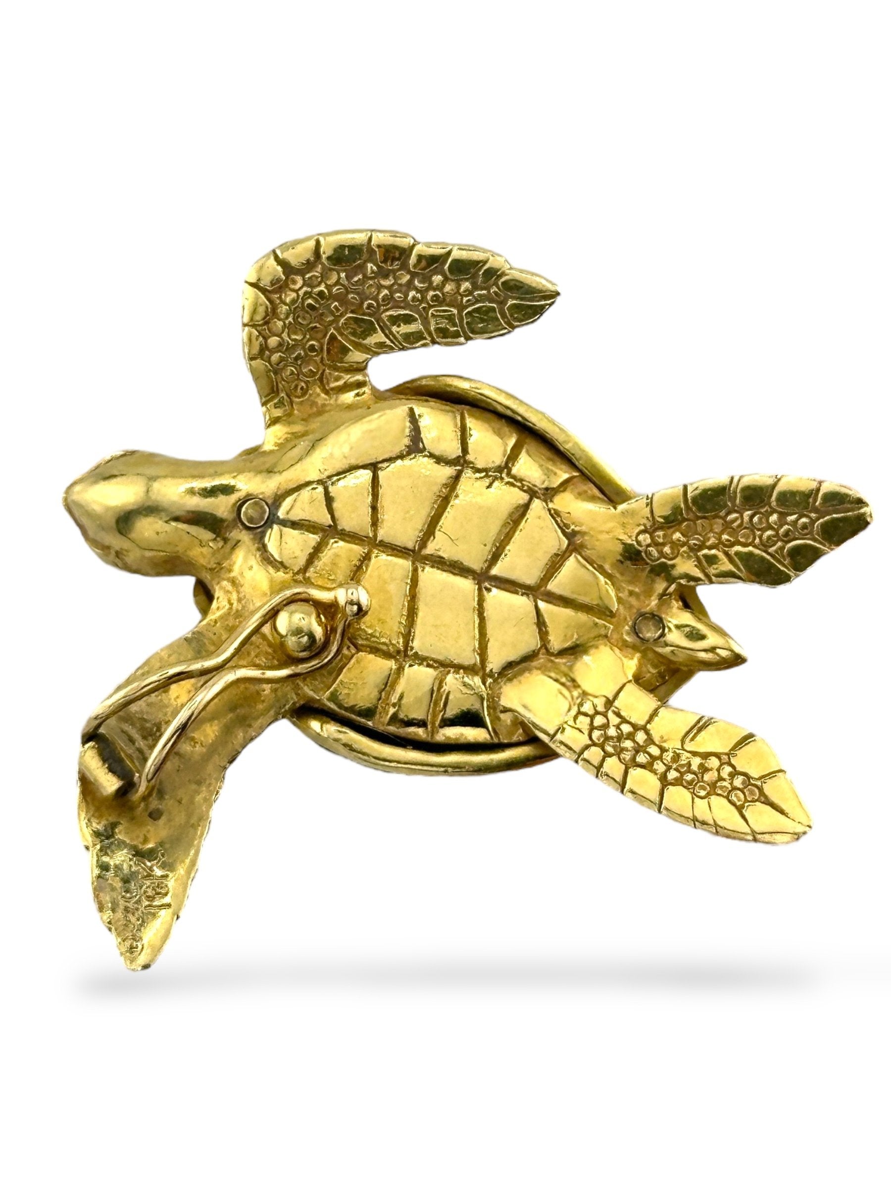 Brooch - 18 kt. Yellow gold, 18K Yellow Gold Turtle Brooch with Green Enamel Shell