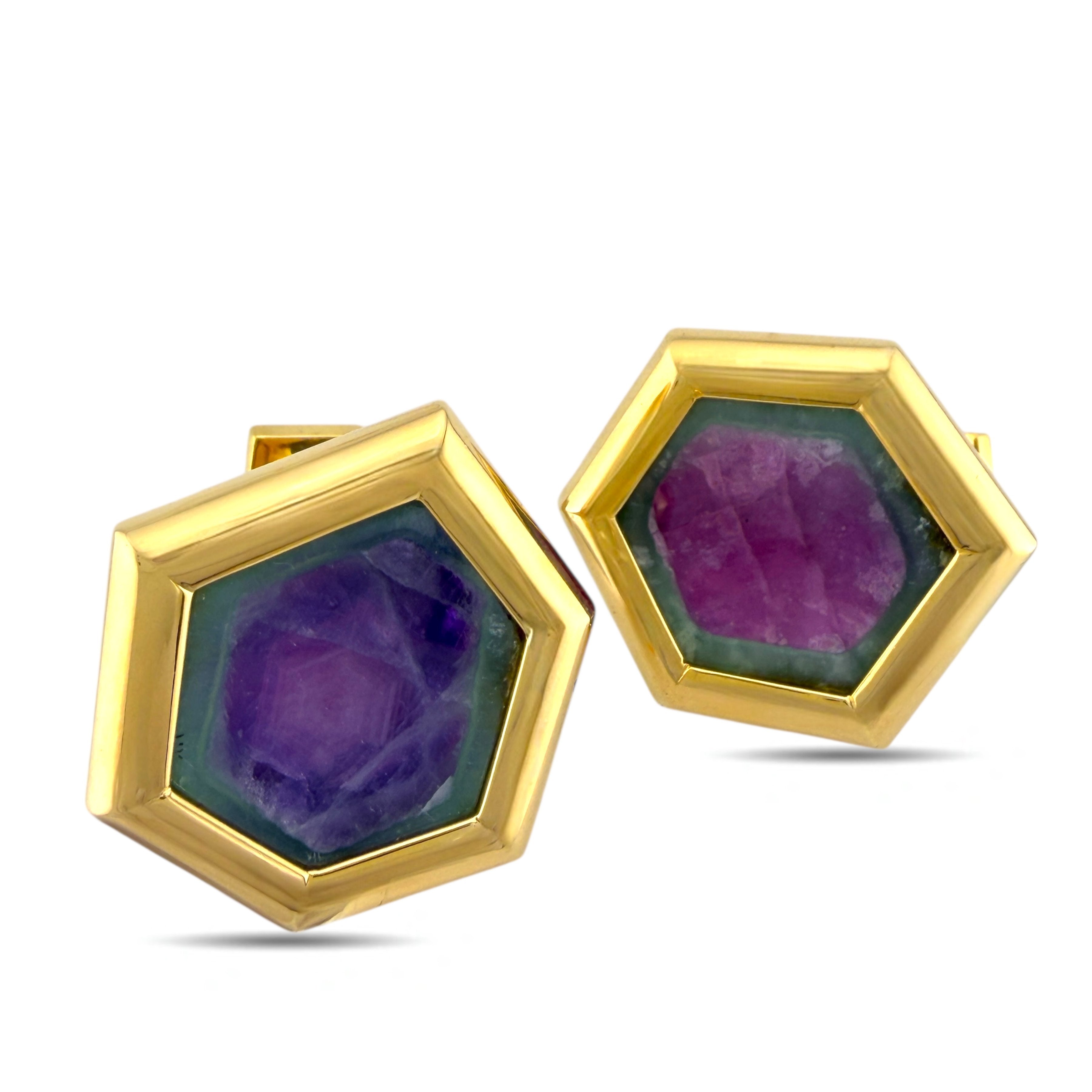 18K Yellow Gold Cufflinks with Trapiche Ruby and Amethyst